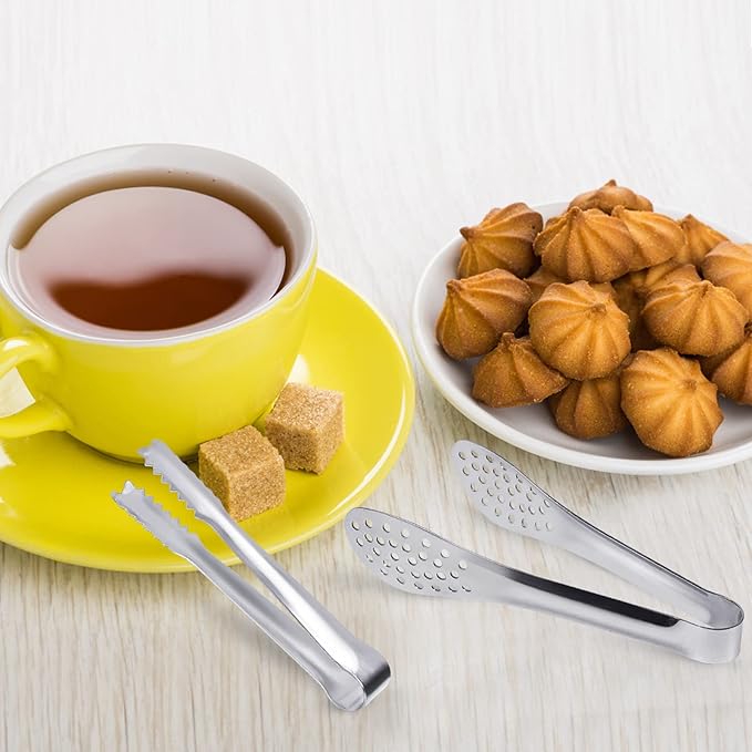 JCREN 12 Pack Mini Tongs - Small Stainless Steel Food Tongs for Serving Appetizers, Tea Party, Coffee, Desserts - 5 inch - Silver