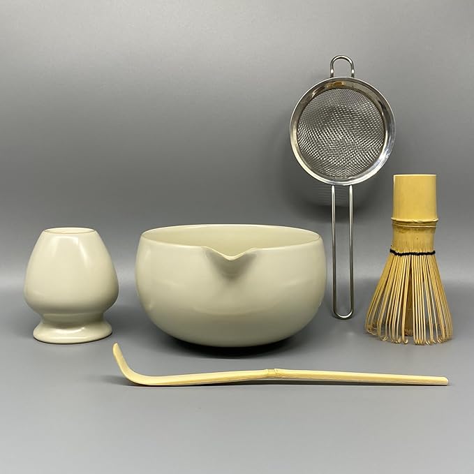 Matcha Whisk Set – 5 Pcs Matcha Set Whisk and Bowl with Spout, Bamboo Scoop, Sifter & Holder – Ru Kiln Matcha Bowl Japanese Tea Kit for Gifts, Home Use & Ceremonial Rituals (White)