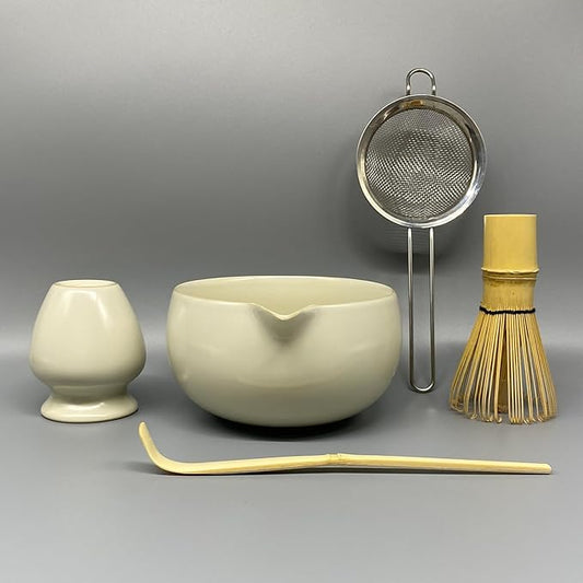 Matcha Whisk Set – 5 Pcs Matcha Set Whisk and Bowl with Spout, Bamboo Scoop, Sifter & Holder – Ru Kiln Matcha Bowl Japanese Tea Kit for Gifts, Home Use & Ceremonial Rituals (White)