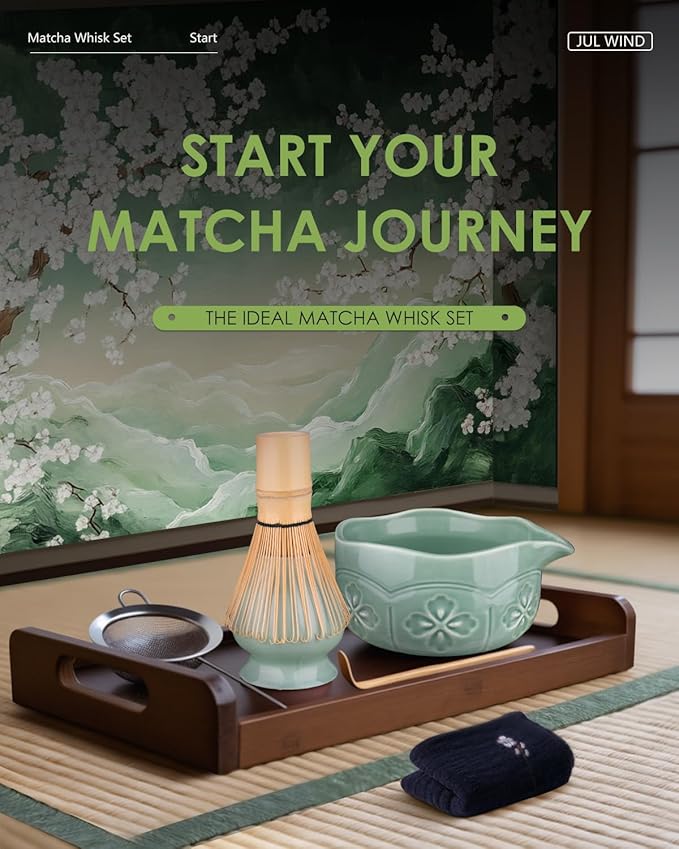 Matcha Whisk Set, Ceramic Matcha Bowl, Bamboo Whisk, Scoop, Sifter, Holder, Tea Towel - 6 Pcs Matcha Kit Gift for Matcha Lovers Beginners (Green)