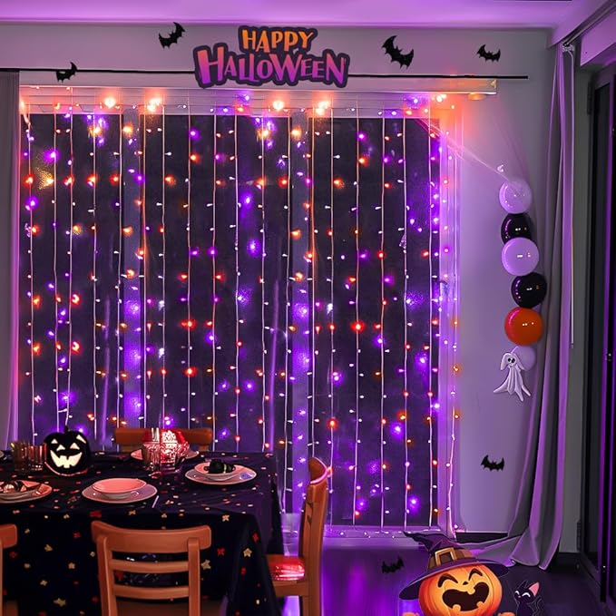 JMEXSUSS 300LED Orange and Purple Halloween Curtain Lights with Remote, 9.8x9.8ft Window Twinkle Hanging String Lights Plug in, Halloween Lights for Bedroom Wall Party Backdrop Indoor Outdoor Decor