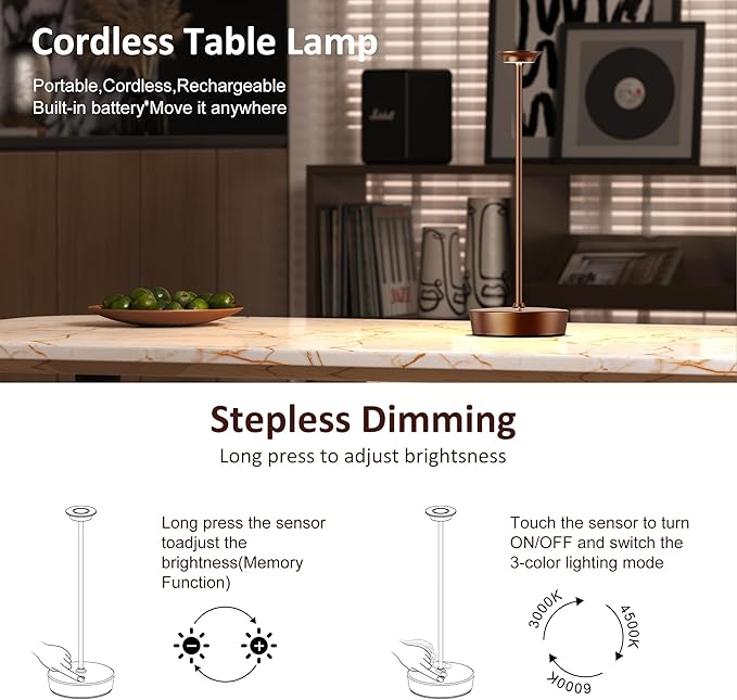 YHT Cordless LED Table Lamp Set of 2, Outdoor Portable LED Table Lamp, Dimming 6000mAh Battery Waterproof Table Light for Restaurant, Patio, Dinner, Bedroom (Coffee)