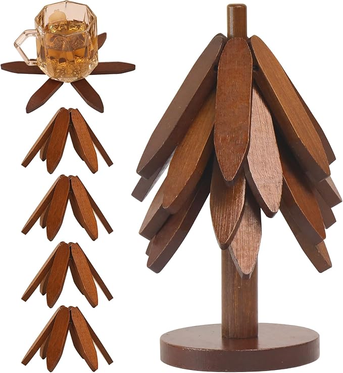 Tree Shape Bamboo TrivetKitchen Decor Tree shaped Holder Beech wood Foldable Design Hot Dishes, Pot, Teapot, Plates, Bowls (Walnut-4)