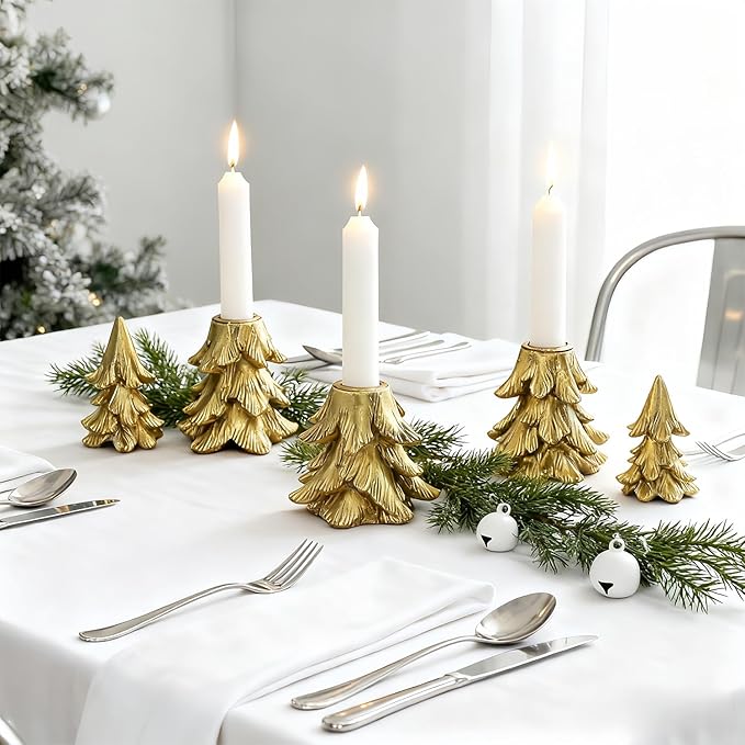 Christmas Table Decorations, Vintage Xmas Golden Resin Tree Candle Holders Set, Combined into Golden Tabletop Pine Tree for Holiday Wedding Party Mantle Fireplace Dining Room Centerpieces