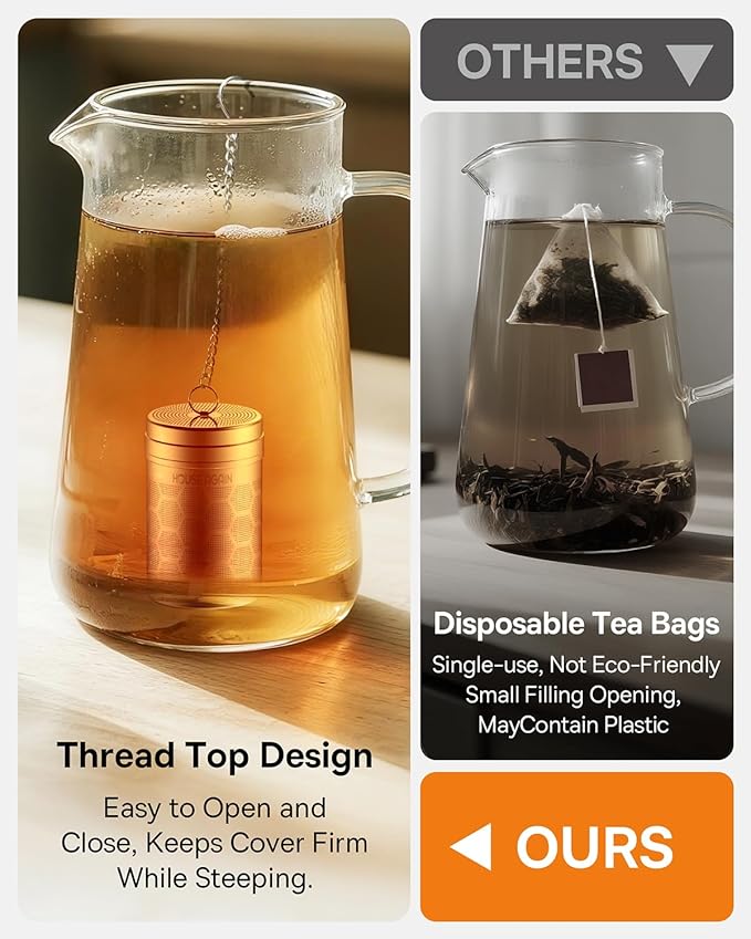 House Again 2 Pack Tea Infusers, Extra Fine Mesh Tea Strainers for Loose Tea, Updated Slim Threaded Lid & 304 Stainless Steel, Filter Bags Diffusers, Loose Leaf Tea Steeper for Brew Tea Spices
