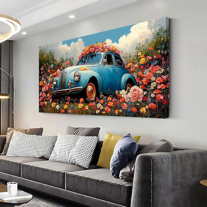 ZESTRILIA Car Wall Art Flower Canvas Paintings Old Shabby Garden Floral Artwork Rustic Landscape Picture for Country Farmhouse Living Room Bedroom Home Office Kitchen Décor (23x46inch)