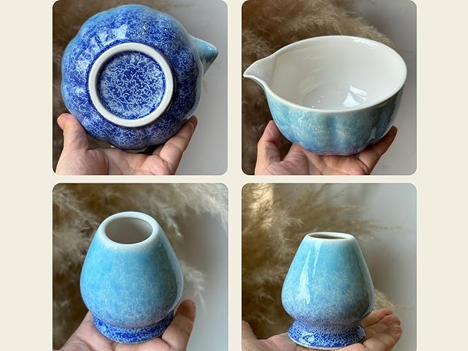 Matcha Whisk set, 8pcs Matcha Making Kit Includes Ceramic Bowl, Bamboo Whisk (Chasen), Whisk Holder, Sifter, Bamboo Scoop, Scoop Rest, Tea Towel, Macha kit for Matcha Tea Ceremony, Blue