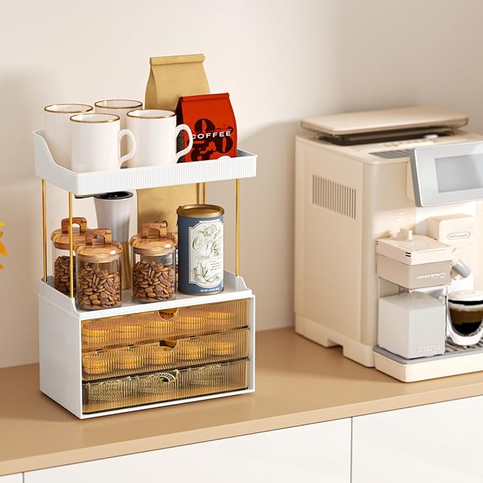 5 Tier 3 Drawers Makeup Organizer, 2 Set Bathroom Organizers and Storage,Cosmetic Storage Drawer for Dresser Countertop and Bathroom Vanity for Large Skincare, Perfume, Amber