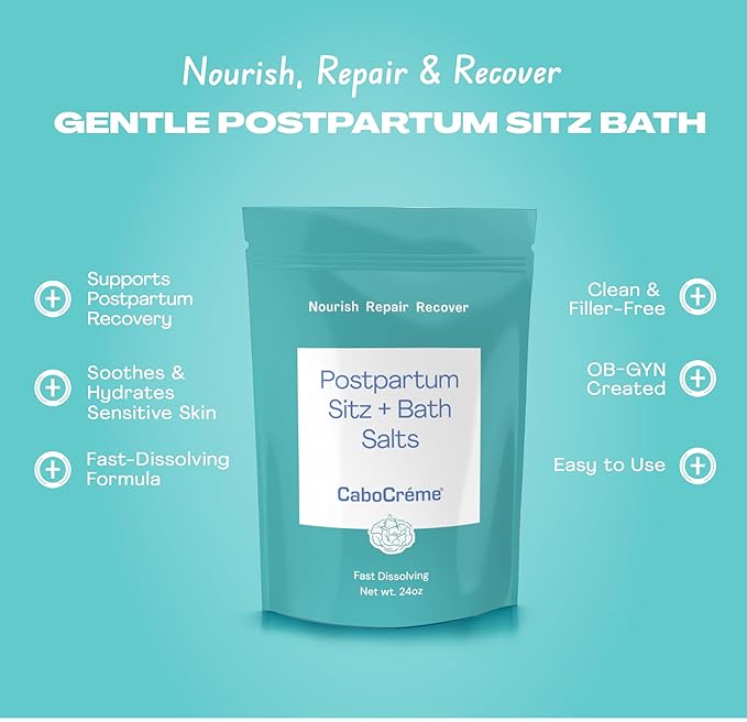 CaboCréme Postpartum Sitz + Bath Salts – 24oz – Postpartum Bath Soak for Perineal Care, Healing Tears, Swelling & Hemorrhoids – Dead Sea Salt with Magnesium, Arnica, Calendula + Cabbage Extract