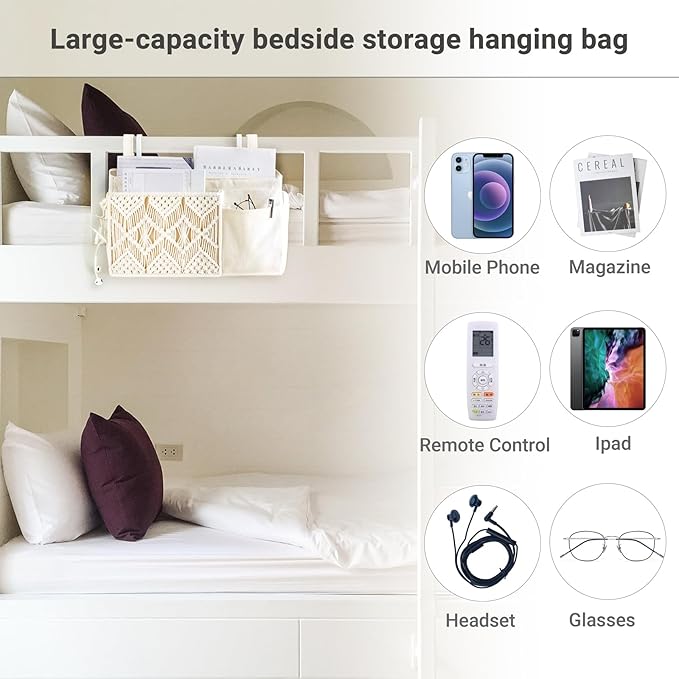 Mkono Bedside Caddy Hanging Organizer, Boho Macrame Storage with Fixed Straps and Hooks, 4 Pockets Holder Remote Magazine Accessories for Home Loft Bunk Bed, Dorm, Hospital Beds