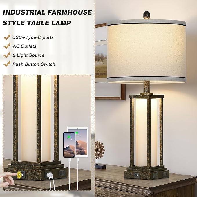 27in Tall Farmhouse Table Lamp Set of 2 with USB C+A & Outlet,Bronze Industrial End Table Lamp for Living Room,Vintage Rustic Bedside Lamps with Night Light for Bedroom Nightstand,Bronze