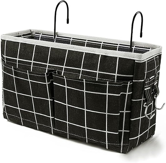 Bedside Caddy Bedside Hanging Storage Basket Multi-Function Organizer Caddy for Bunk and Hospital Beds Dorm Rooms Bed Rails, Can be Placed Glasses Books Mobile Phones（Black Grid）