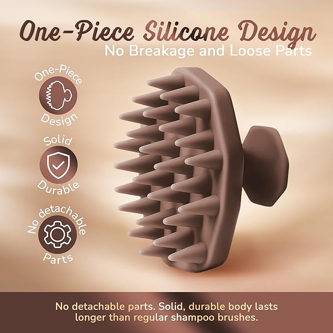 Silicone Scalp Scrubber - Massage Shampoo Brush, Soft Bristles for Hair Growth & Dandruff Removal - Ergonomic Design, Wet & Dry Use, Deep Cleansing Scalp Exfoliator for All Hair Types - Brown