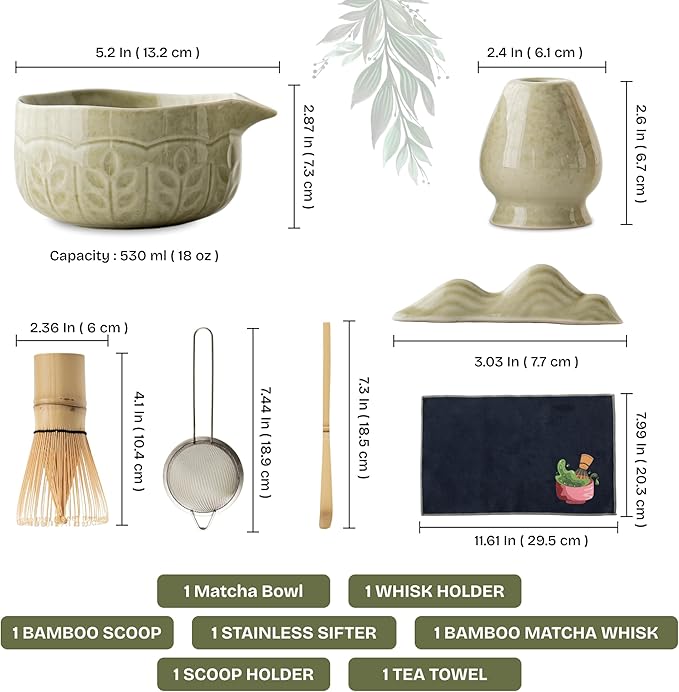 TEPEAK Matcha Whisk Set, 7 Pcs Matcha Set Green, Matcha Kit for Ceremony, Matcha Tea Set for Making Breakfast/Latte, Ceramic Matcha Bowl (Chawan) with Spout and Bamboo Whisk, Gift for Friend/Family