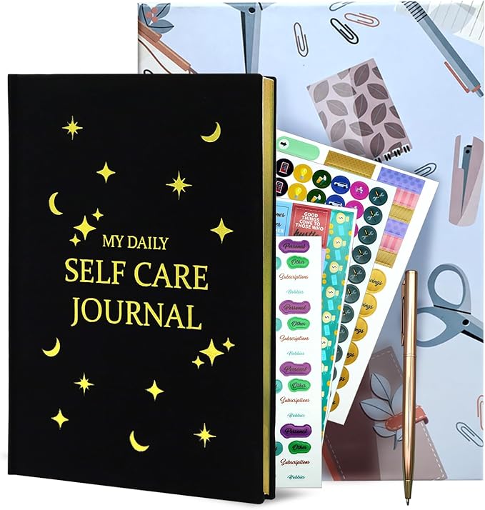 Gratitude Journal, Daily Reflection Journal for More Happiness, Mindfulness & Affirmation, Self Care Journals for Women & Men, 6 Inspirational Stickers and Ballpoint Pen, Black