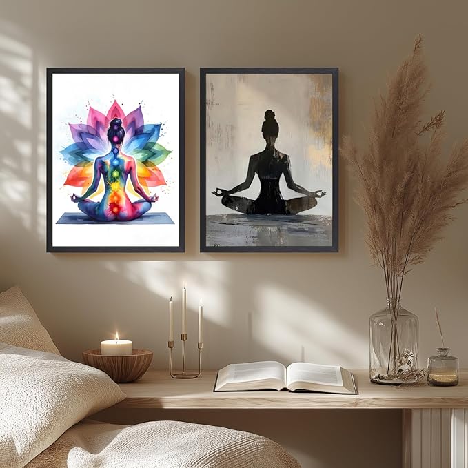 GELDSTEI Wood Framed Zen Wall Art, Chakra Yoga Wall Decor, Colorful Meditation Poster Print, Spiritual Canvas Painting, Vibrant Meditating Woman Aesthetic Picture for Living Room Yoga Studio 12"x16"