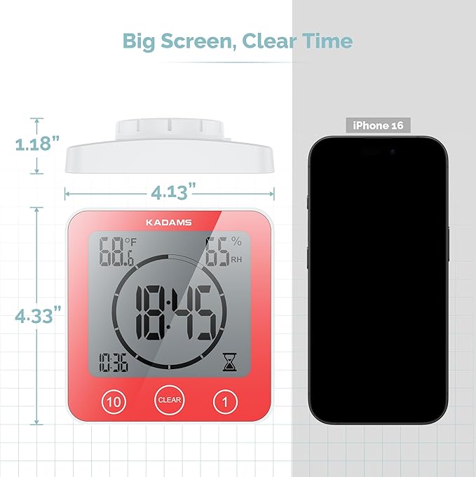KADAMS Shower Clock Waterproof Bathroom Timer – Digital Wall Clock with Countdown, Magnetic Kitchen Clock with Temperature & Humidity, Suction Cup for Kids Shower Spa Sauna Cook Bath (Red)