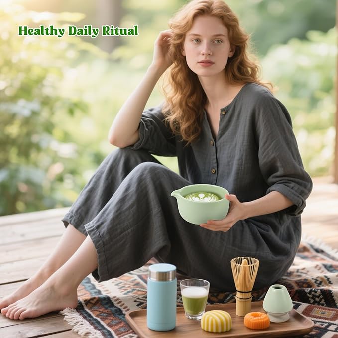 Matcha Whisk Set, 9PCS Ceramic Matcha Tea Set Includes Bowl, Whisk and Holder, Bamboo Scoop, Scoop Rest, Sifter and Tea Towel for Traditional Matcha Ceremony Matcha Lovers