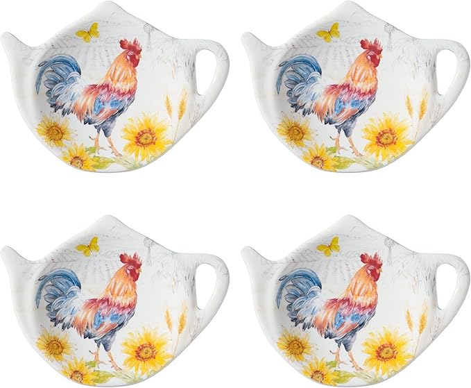 Supreme Housewares Sunshine Rooster Tea Bag Holders, Teapot Shaped Tea Bag Coasters Spoon Rests Saucer Seasoning Dish Set, Multicolor, 4 x 3 Inch, Set of 4