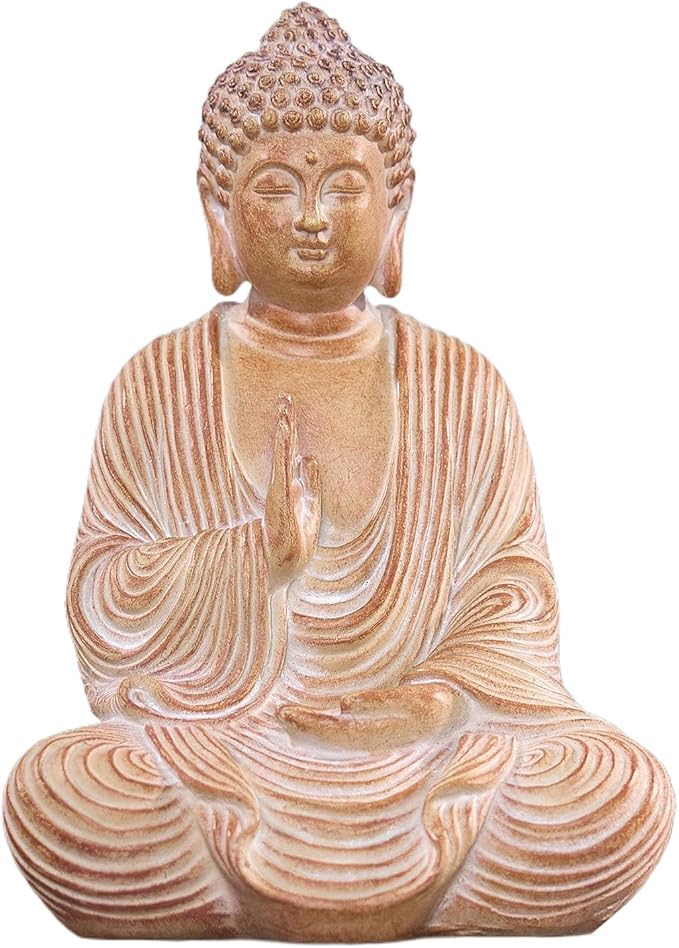 Zen Buddha Statue - Hand Carved Wood Grain Resin Meditation Decor, Feng Shui Ornament for Living Room Desk, Spiritual Space Zen Garden Decoration (Housewarming Gift/Mindfulness Aid, 7.87inch)