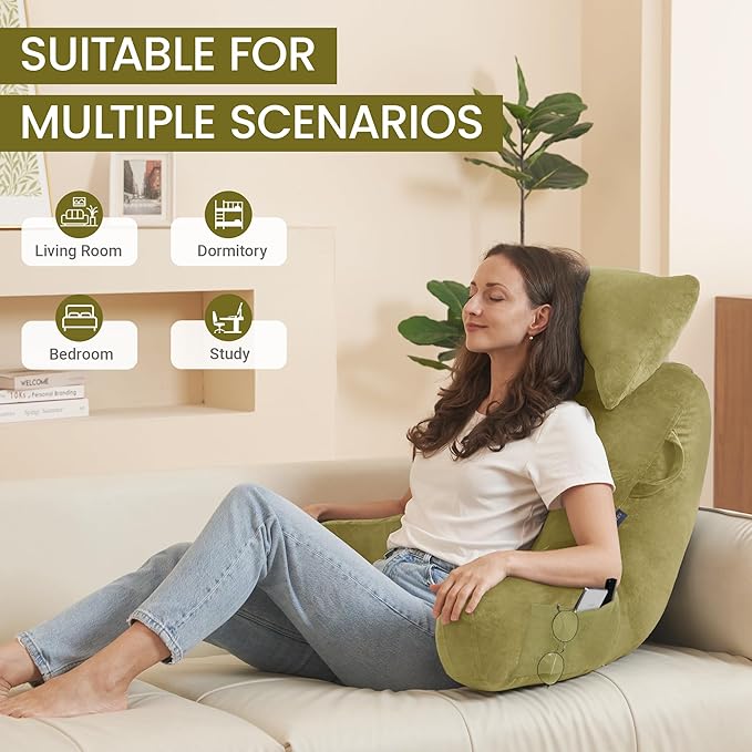 Portable Reading Pillows with Headrest for Bed Sitting Up(Pale Green Oeko-Tex), Velvet Back Pillow with Arms & Pockets for Adults, Support Memory Foam Bed Pillow for Dorm/Watching/Gaming