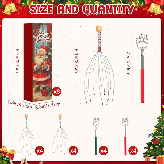 16 Pcs Head Massager and Back Scratcher with Christmas Gift Box, Scalp Massager Extendable Back Scratcher Tool for Body Relax Stress Relief Stocking Stuffers for Men Women(Bear Claw)