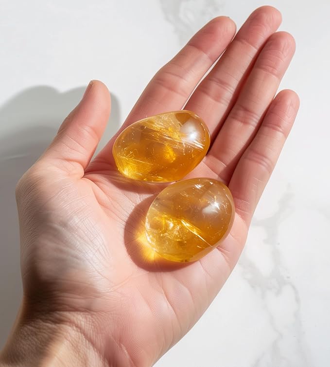 Polished Citrine Crystal Stones - 2 Pcs of 1.2" Worry Stone for Anxiety, Pocket Palm Stone Super Large Handpicked Natural Tumbled Gemstones for Meditation, Reiki, Chakra Healing, Home Decor