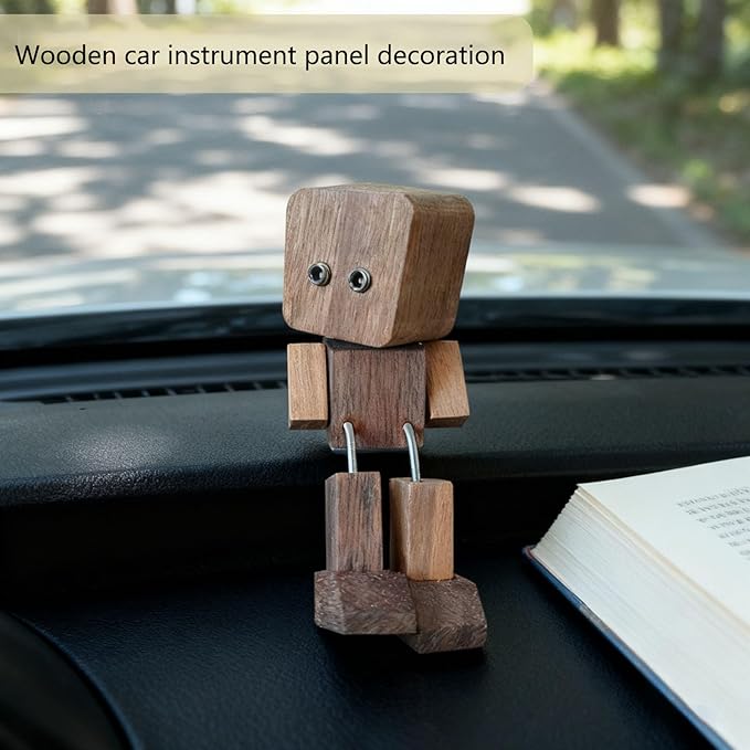 Shaking Wooden Man Figurine - Battery-Free Physics-Driven Rocking Decor with 12 Magnetic Expressions, Handcrafted Natural Wood for Car Dashboard, Office Desk, Home Shelf (Beech)