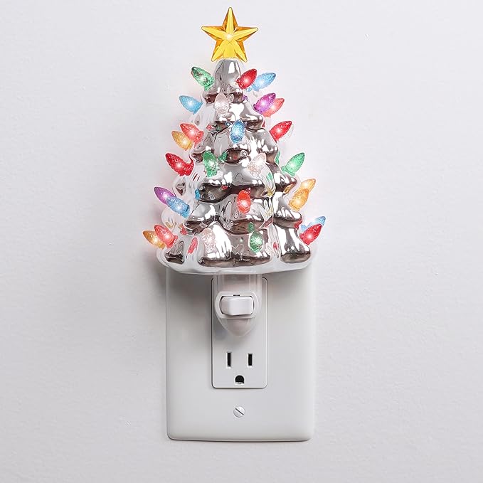 Milltown Merchants Ceramic Christmas Tree Night Light - Plugin with Lights Lighted Vintage Mini Decorative (Silver Tree) 5 Inch