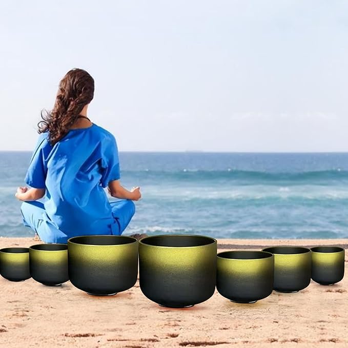 Ryan Dvan Crystal Singing Bowl Set 7-12 Inch, Black with Gold Frosted Quartz Sound Therapy Bowls with Mallets, O-Rings & 2 Carrying Cases — Chakra Healing, Reiki, Yoga, Meditation, Energy Balancing