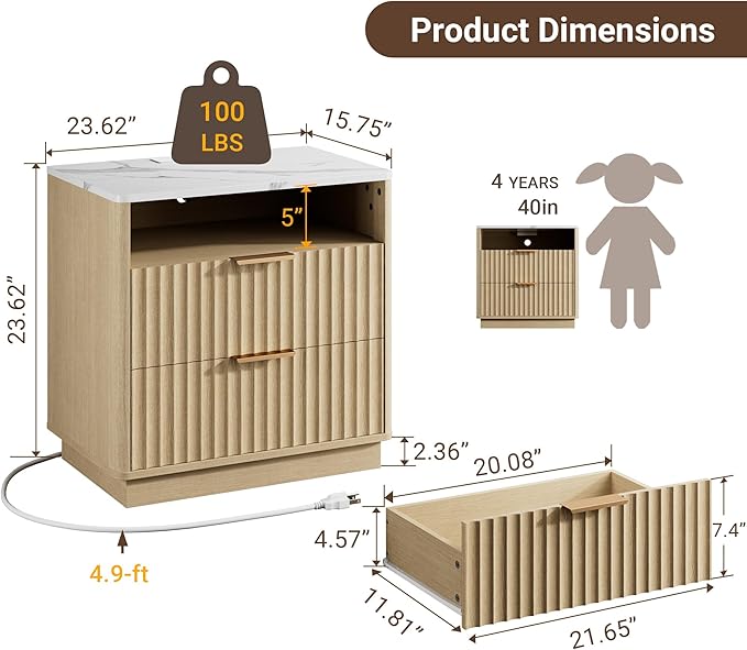 Large Fluted Nightstand Set of 2 with Charging Station, 23" Modern End Table with Faux Marble Top, 2 Drawers Side Table with Storage for Bedroom Living Room, Curved Profile (Natural Oak)