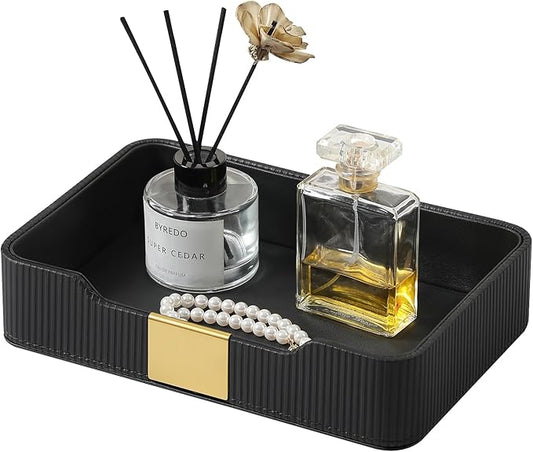 Valet Tray Desktop Storage Organizer, PU Leather Catchall Bedside Vanity Tray with Brass Accents Block Nightstand Organizer for Keys Watch Wallet Phone, Decorative Nightstand Storage (Black)