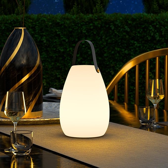 uuffoo Portable Outdoor Table Lamp - Dimmable Rechargeable Night Lights w/Remote and 7 RGB Colors, IP44 Water-Resistant Hanging Lantern for Patio, Tent, Bedroom, Garden, Emergency