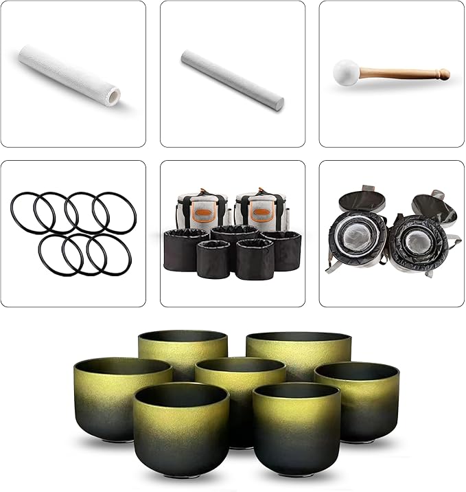 Ryan Dvan Crystal Singing Bowl Set 7-12 Inch, Black with Gold Frosted Quartz Sound Therapy Bowls with Mallets, O-Rings & 2 Carrying Cases — Chakra Healing, Reiki, Yoga, Meditation, Energy Balancing