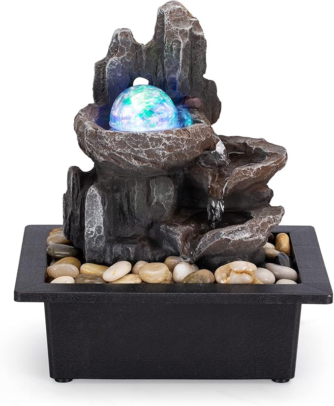 Tabletop Fountain Rotating Ball Rock Waterfall Fountain Office Tabletop Fountains for Home Office Decor Includes Many Natural River Rocks Decorated with Colorful Lights and Rolling Ball