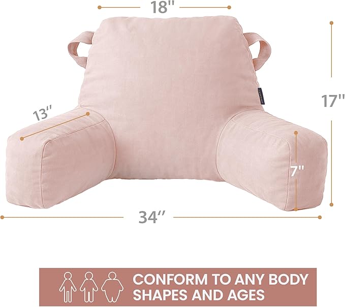 Portable Comfy Reading Pillows for Bed Sitting Up(Pink Oeko-Tex), Velvet Back Pillow with Arms & Pockets for Adults, Support Memory Foam Bed Pillow for Dorm/Reading/Watching/Gaming