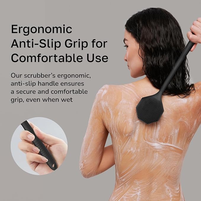 Silicone Back Scrubber with Long Handle - Octagon Body Brush for Shower, Bath, and Exfoliating - Skin Cleansing, Back Scrub and Gentle Silicone Sponge - Wash Your Body with Easy Reach - Black