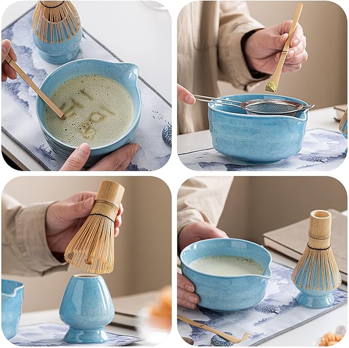 Ceramic Matcha Whisk Set, Complete Matcha Set-8PCS for Ceremonial Grade Matcha, Tea Gifts for Tea Lovers for Christmas, Birthday, Halloween (Sky Blue)