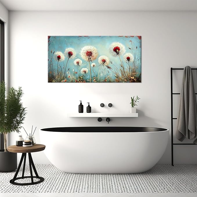 ZESTRILIA Dandelions Wall Art Retro Canvas Prints Modern Rustic Canvas Paintings Waterproof Artwork Landscape Picture for Country Farmhouse Living Room Bedroom Home Office Kitchen Décor (23x46inch)