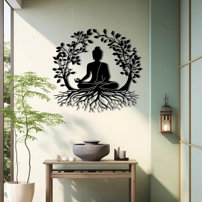 ENJOYOO Tree of Life and Buddha Metal Wall Decor, Tree of Life Wall Art, Buddha Metal Wall Art for Living Room, Bedroom, Outdoor (Black, 24×22in/60×56cm, metal wall art)