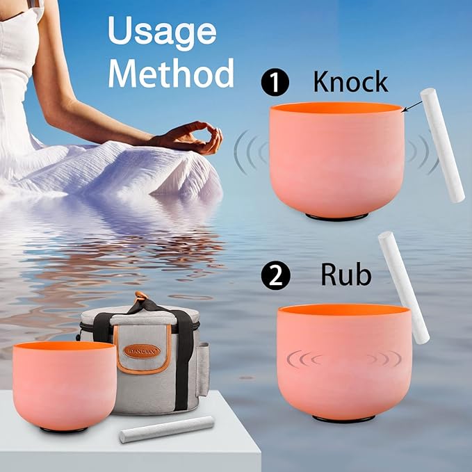 RYAN DVAN 8” D Note Orange Frosted Sacral Chakra Crystal Singing Bowl with Free Heavy-Duty Carrying Case and Suede Striker O-Ring