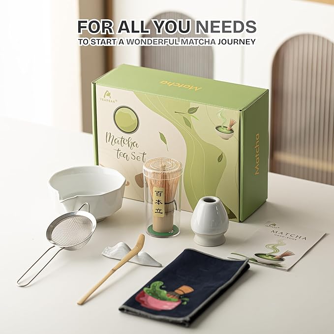 TEPEAK Matcha Whisk Set, 7 Pcs Matcha Set white, Matcha Kit for Ceremony, Matcha Tea Set for Making Breakfast/Latte, Ceramic Matcha Bowl (Chawan) with Spout and Bamboo Whisk, Gift for Friend/Family