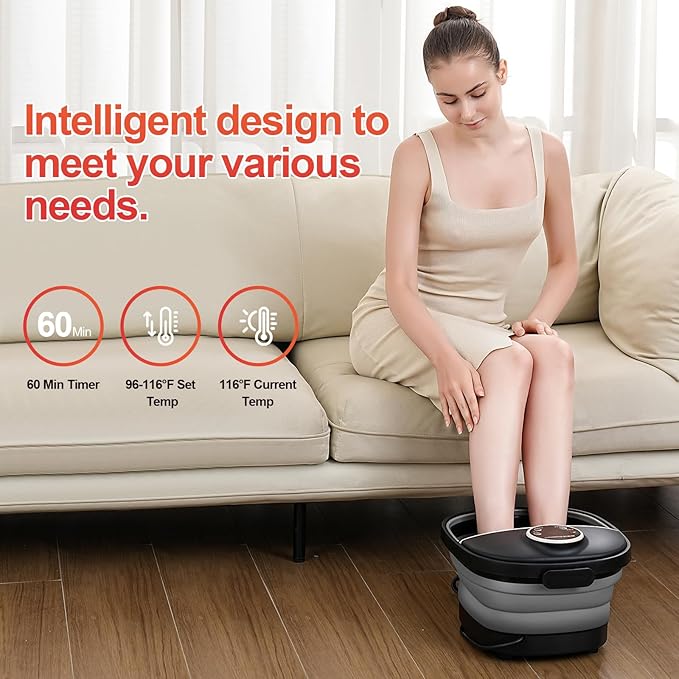 Collapsible Foot Spa Bath with Heat,Foot Massager with Two Side Supports,Leakage Protector,Temperature Control,Bubbles,Red Light,Timer,Feet Spa Tub,Feet Soaker,Gifts (Black)