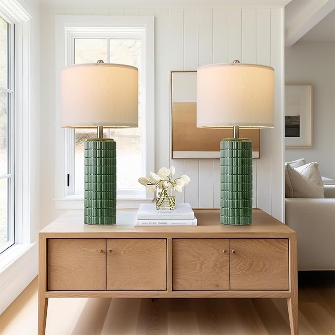 PoKat 27.5" Dark Green Ceramic Table Lamps for Living Room, Farmhouse Table Lamps Set of 2 for Bedroom Night Stands, Modern Bedside Lamps for End Side Table, Vintage Nightstand Decor Lamps Home Office