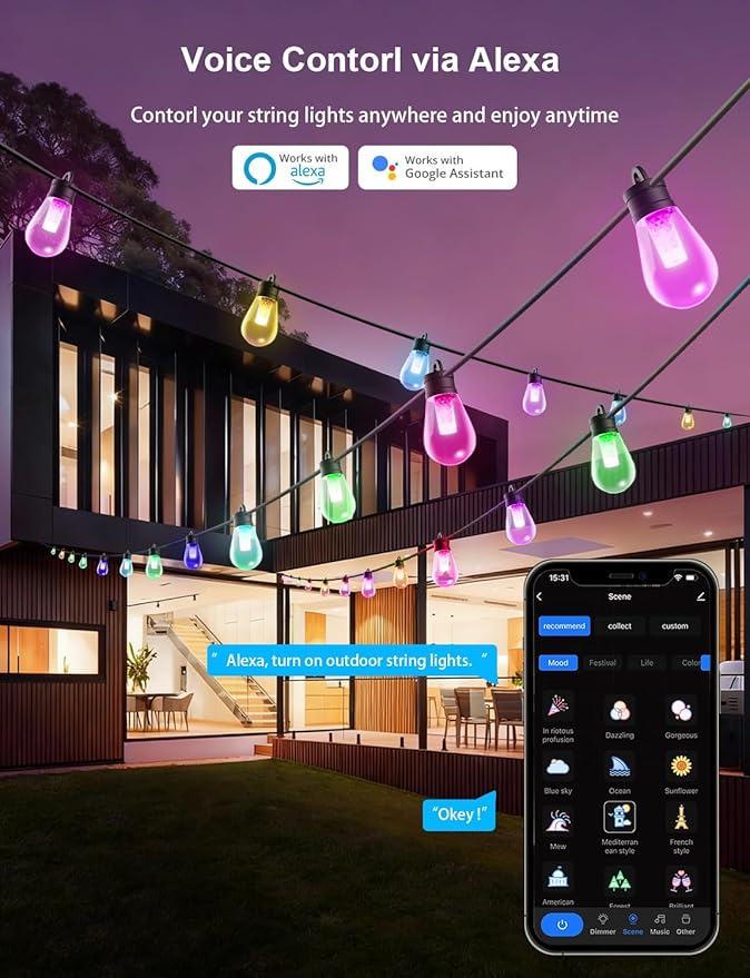 APPECK Smart Outdoor String Lights, 50ft RGBW Outdoor Patio Lights with 15 LED Bulbs, Extendable, 111 Scene Modes, IP65 Waterproof Lighting for Outside, Halloween Decor, Compatible with Alexa
