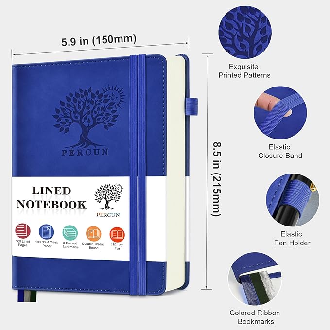 Lined Journal Notebook for Men & Women, 160 Pages College Ruled Journal for Writing, A5 Hardcover Leather Notebooks for Work, School, Business, Travel, Daily Diary 5.9" x 8.5" - Navy