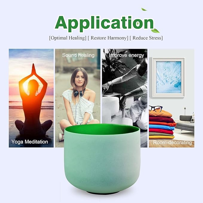 RYAN DVAN 432 hz 8” F Note Green Frosted Heart Chakra Crystal Singing Bowl with Free Heavy-Duty Carrying Case and Suede Striker O-Ring