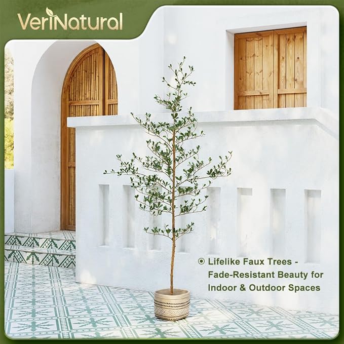 Artificial Black Olive Tree 6FT Indoor Outdoor Decor Faux Plants - Real Wood Trunk Fake Tree with Green UV Resistant Leaves - Tall Floor Plant for Modern Home Office Living Room Decoration