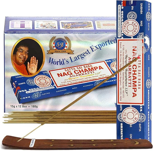 Nag Champa Incense Sticks 15g x 12 and Incense Stick Holder Bundle