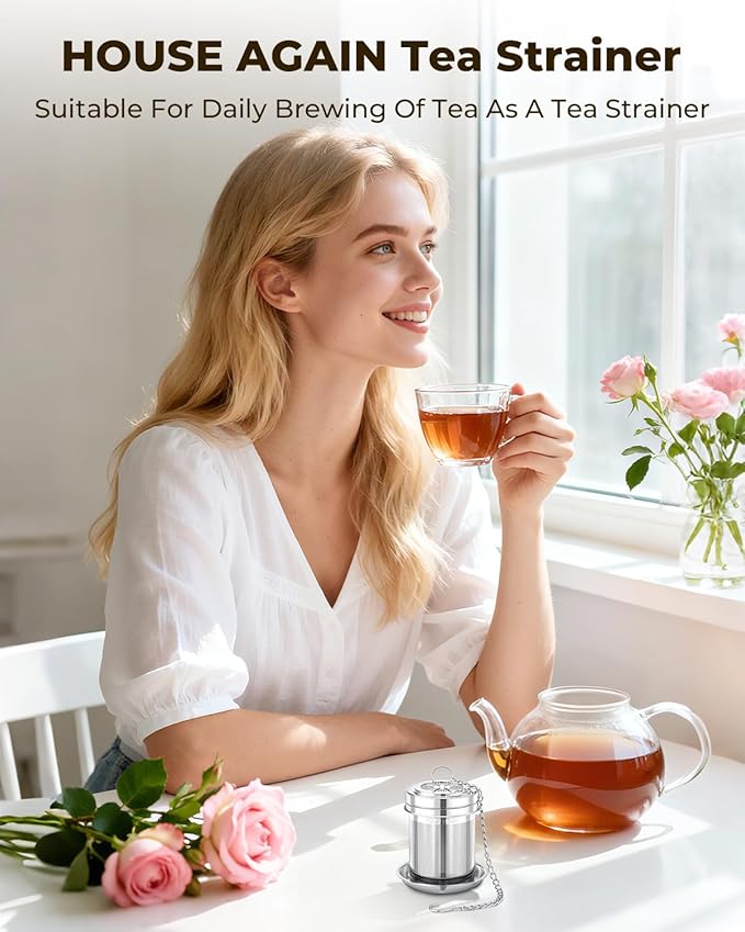 House Again 2 Pack Tea Strainers for Loose Tea, Extra Fine Mesh Tea Infusers, 304 Stainless Steel with Extended Chain Hook, Loose Leaf Tea Steeper, Tea Filter for Brew Tea Spices & Seasoning